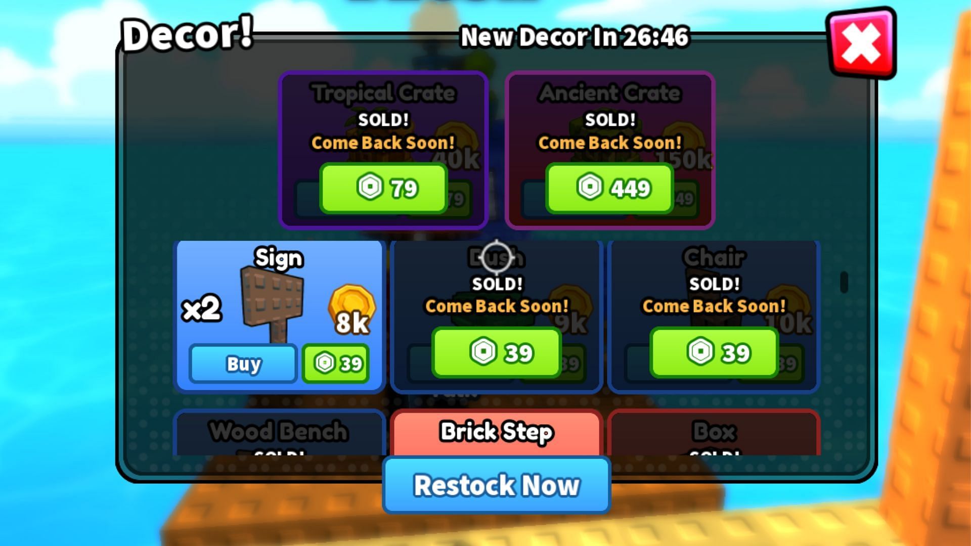 The Decor menu (Image via Roblox)